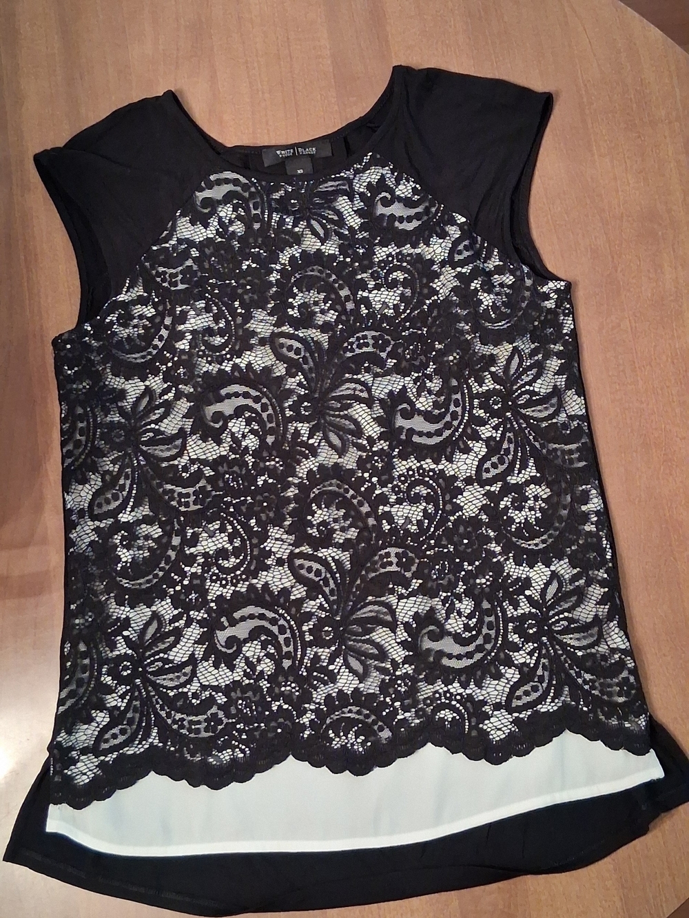 White House Black Market Black Lace Overlay Cap-Sleeve Top with Ivory Underlay